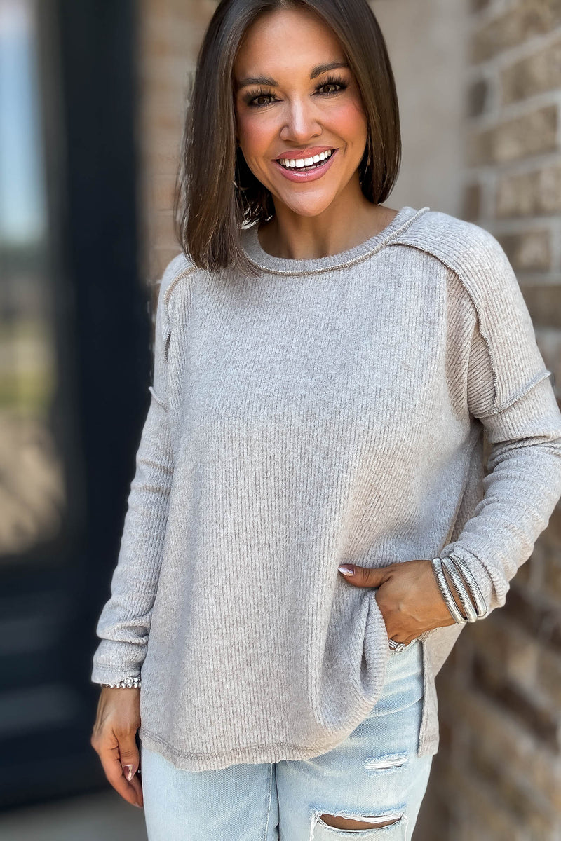 Brushed Ash Mocha Ribbed Hacci Hi-Low Sweater Top