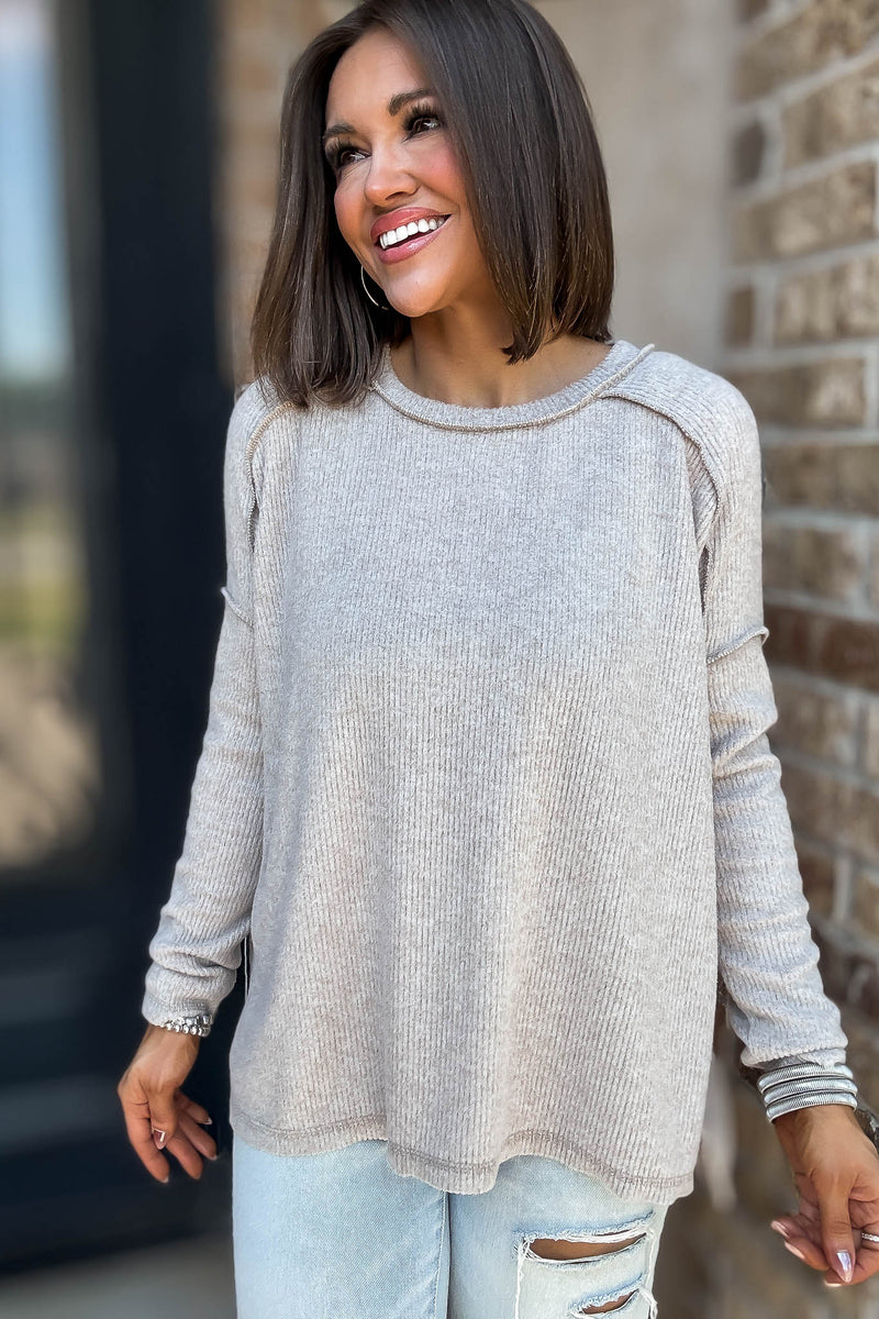 Brushed Ash Mocha Ribbed Hacci Hi-Low Sweater Top