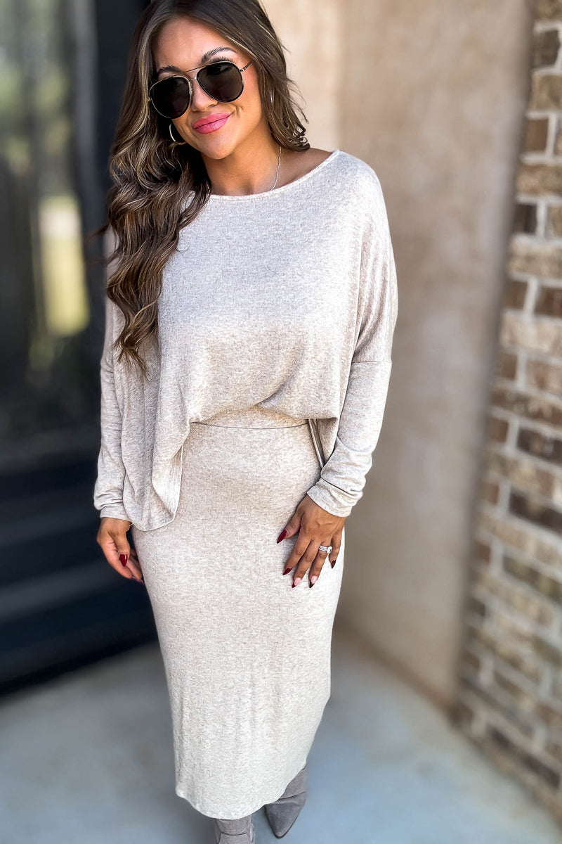 Beige Elastic Waist Sweater Skirt