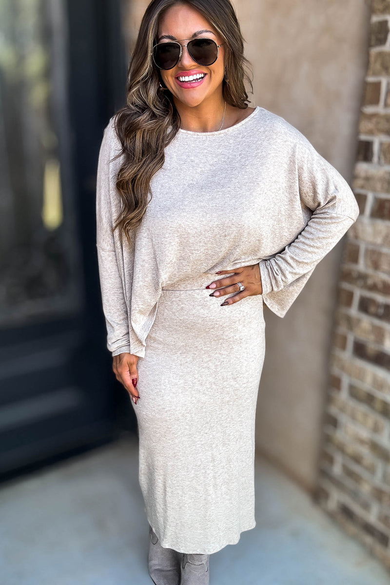 Beige Elastic Waist Sweater Skirt