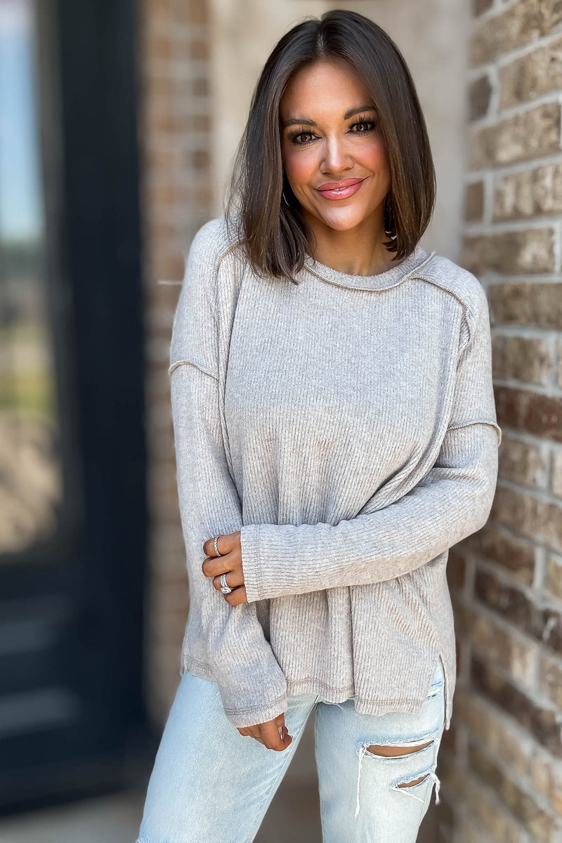 Brushed Ash Mocha Ribbed Hacci Hi-Low Sweater Top