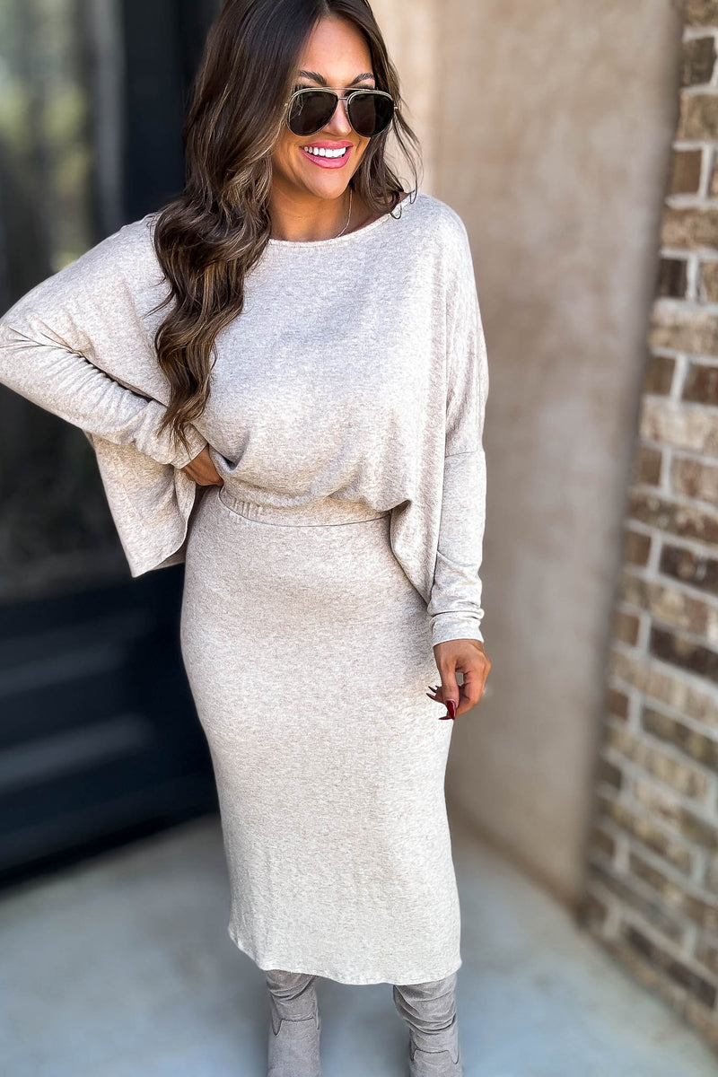 Beige Elastic Waist Sweater Skirt
