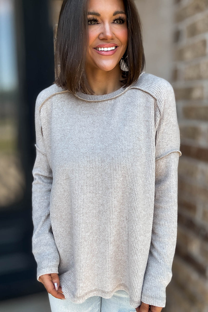 Brushed Ash Mocha Ribbed Hacci Hi-Low Sweater Top