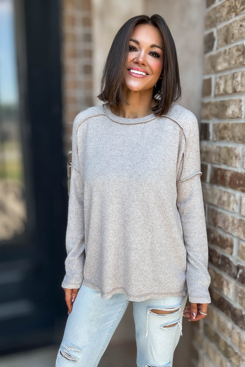 Brushed Ash Mocha Ribbed Hacci Hi-Low Sweater Top