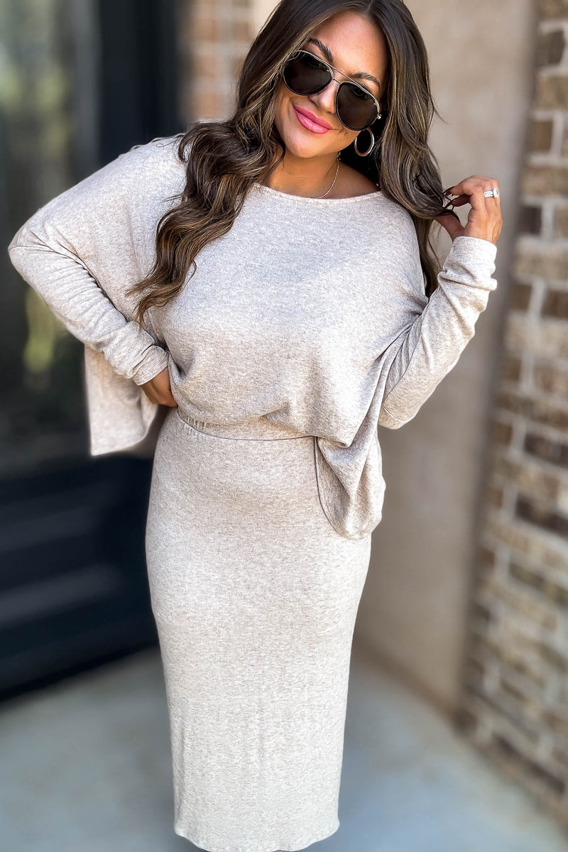 Beige Elastic Waist Sweater Skirt