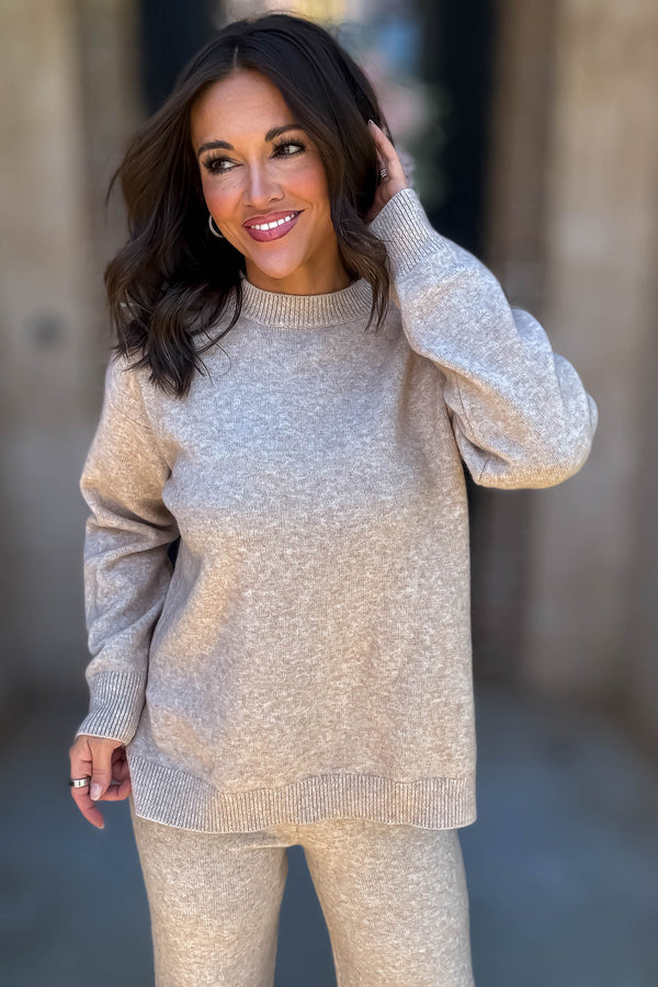 Mable Caught Up In The Moment Taupe Long Sleeve Crew Neck Knit Top