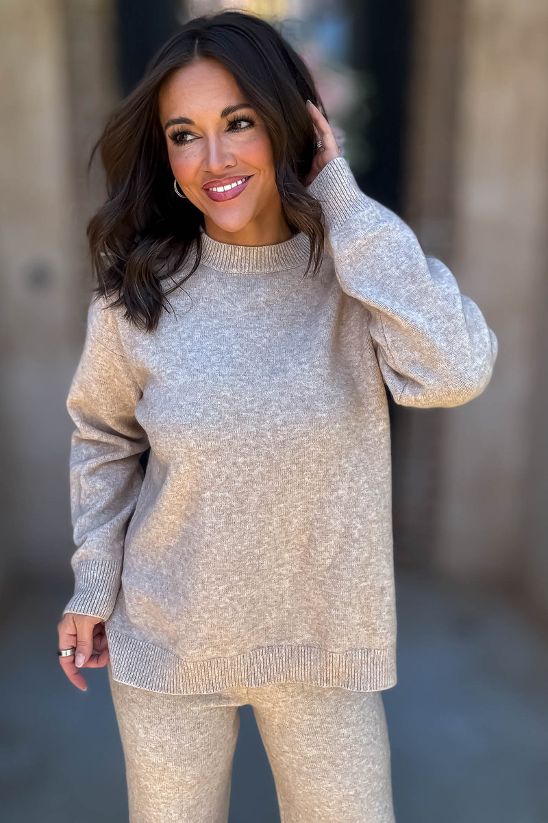 Mable Caught Up In The Moment Taupe Long Sleeve Crew Neck Knit Top