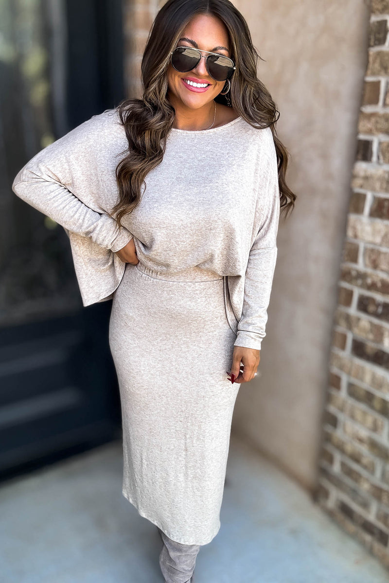 Beige Elastic Waist Sweater Skirt