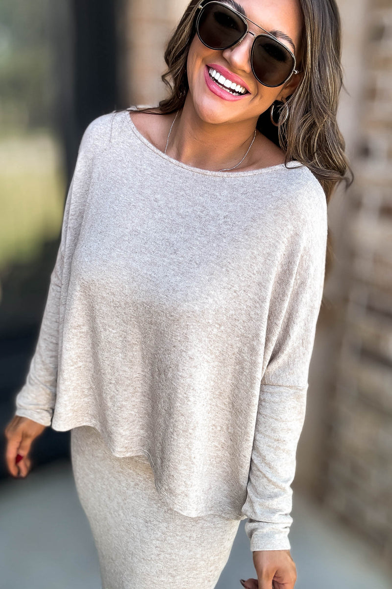 Beige Long Sleeve Boat Neck Top