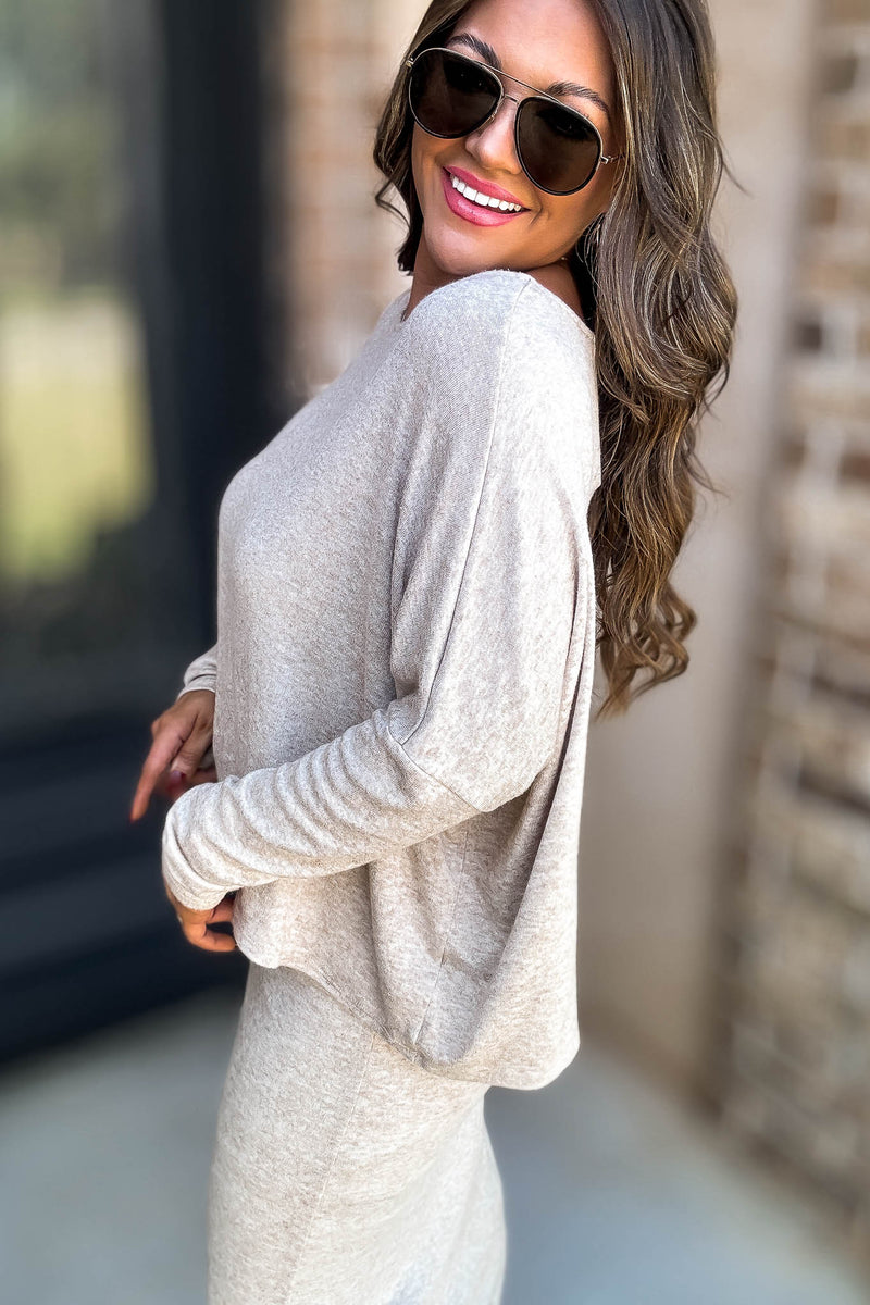 Beige Long Sleeve Boat Neck Top