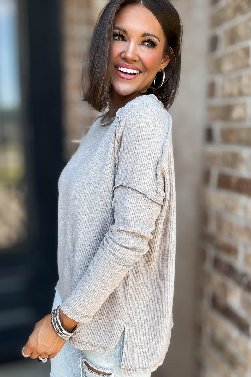 Brushed Ash Mocha Ribbed Hacci Hi-Low Sweater Top