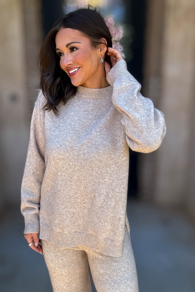 Mable Caught Up In The Moment Taupe Long Sleeve Crew Neck Knit Top