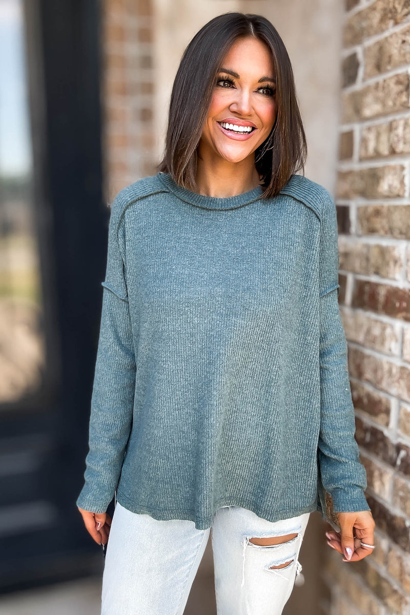 Brushed Ash Jade Ribbed Hacci Hi-Low Sweater Top