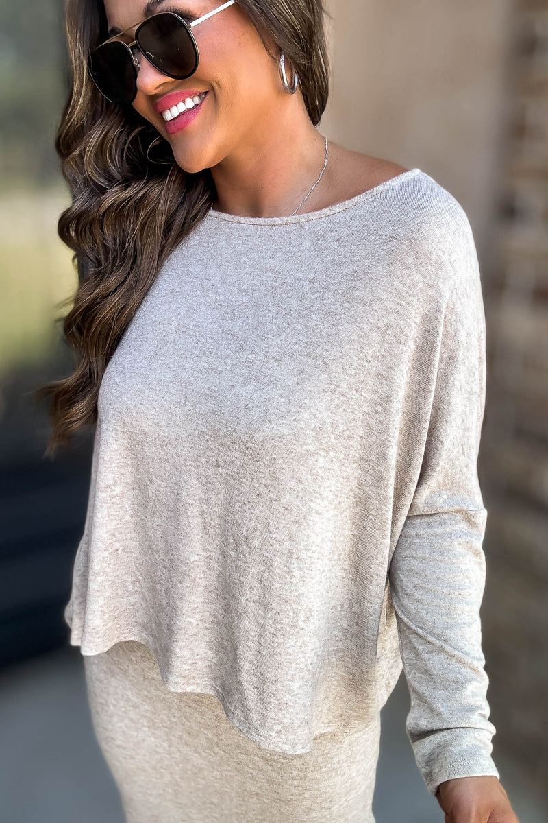 Beige Long Sleeve Boat Neck Top