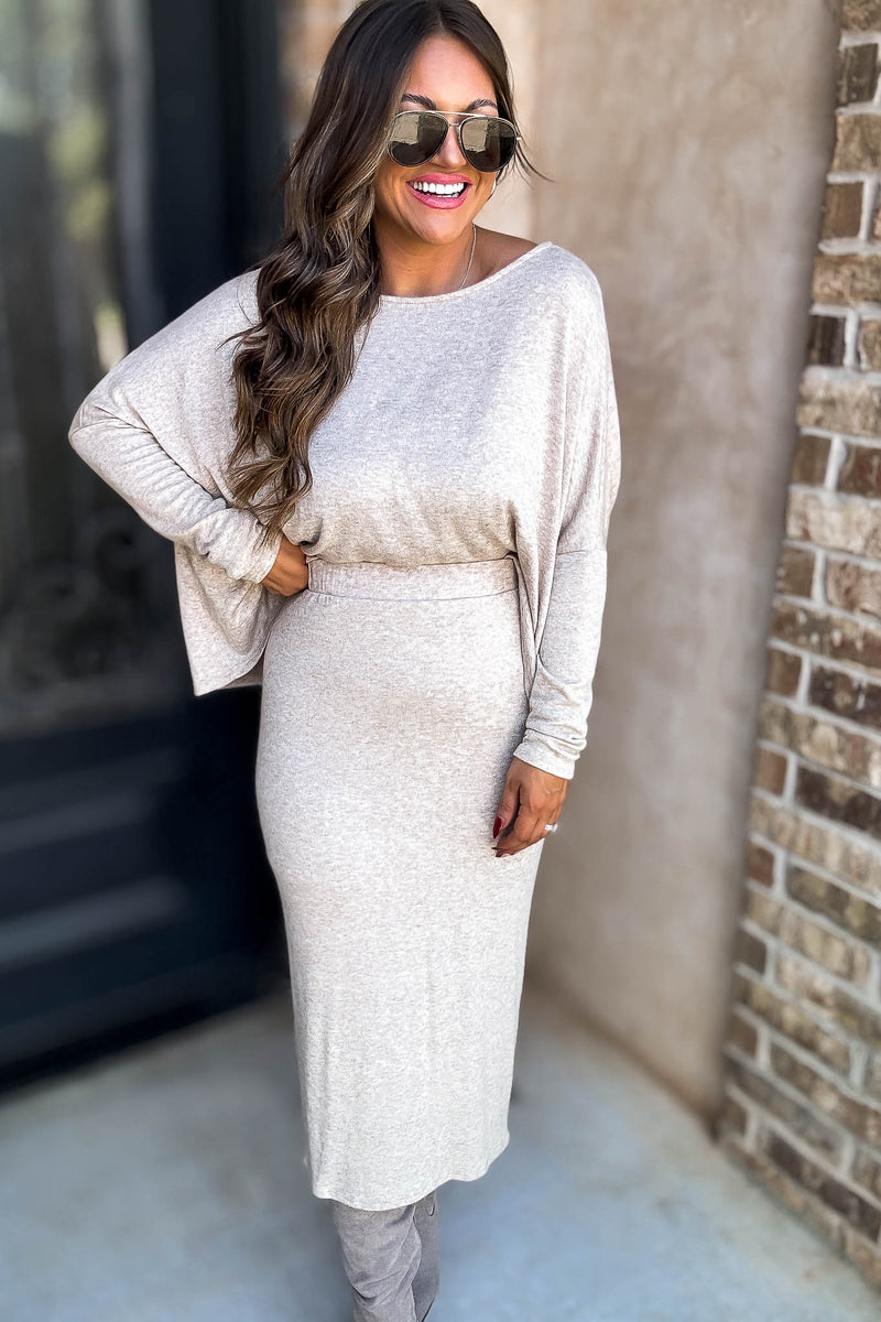 Beige Elastic Waist Sweater Skirt