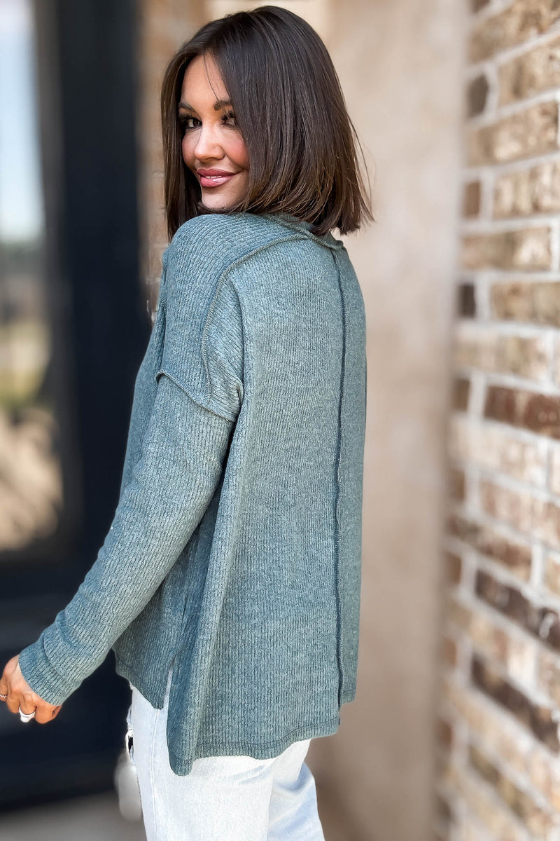 Brushed Ash Jade Ribbed Hacci Hi-Low Sweater Top