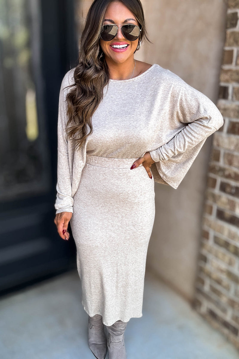 Beige Elastic Waist Sweater Skirt