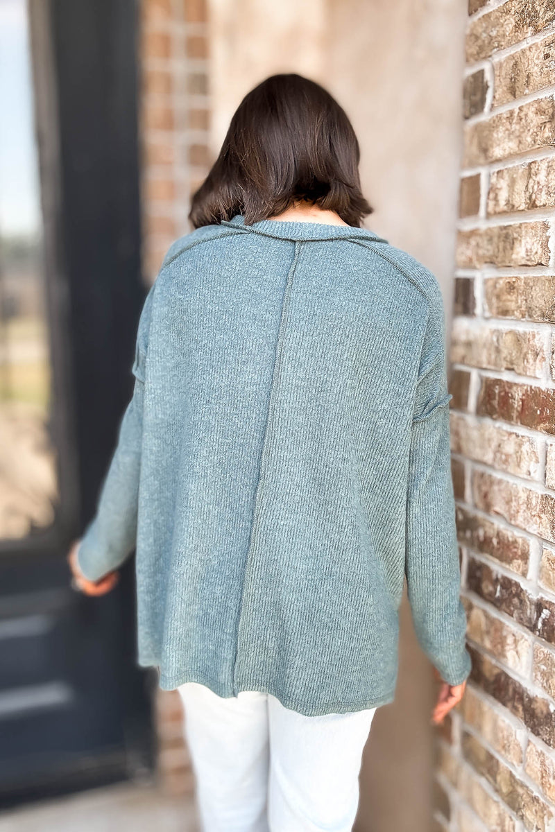 Brushed Ash Jade Ribbed Hacci Hi-Low Sweater Top