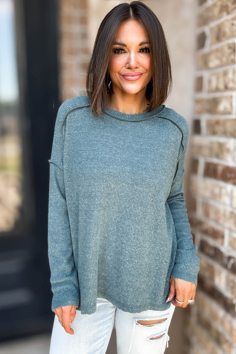 Brushed Ash Jade Ribbed Hacci Hi-Low Sweater Top