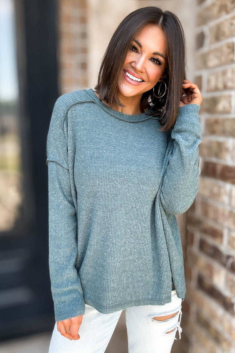 Brushed Ash Jade Ribbed Hacci Hi-Low Sweater Top