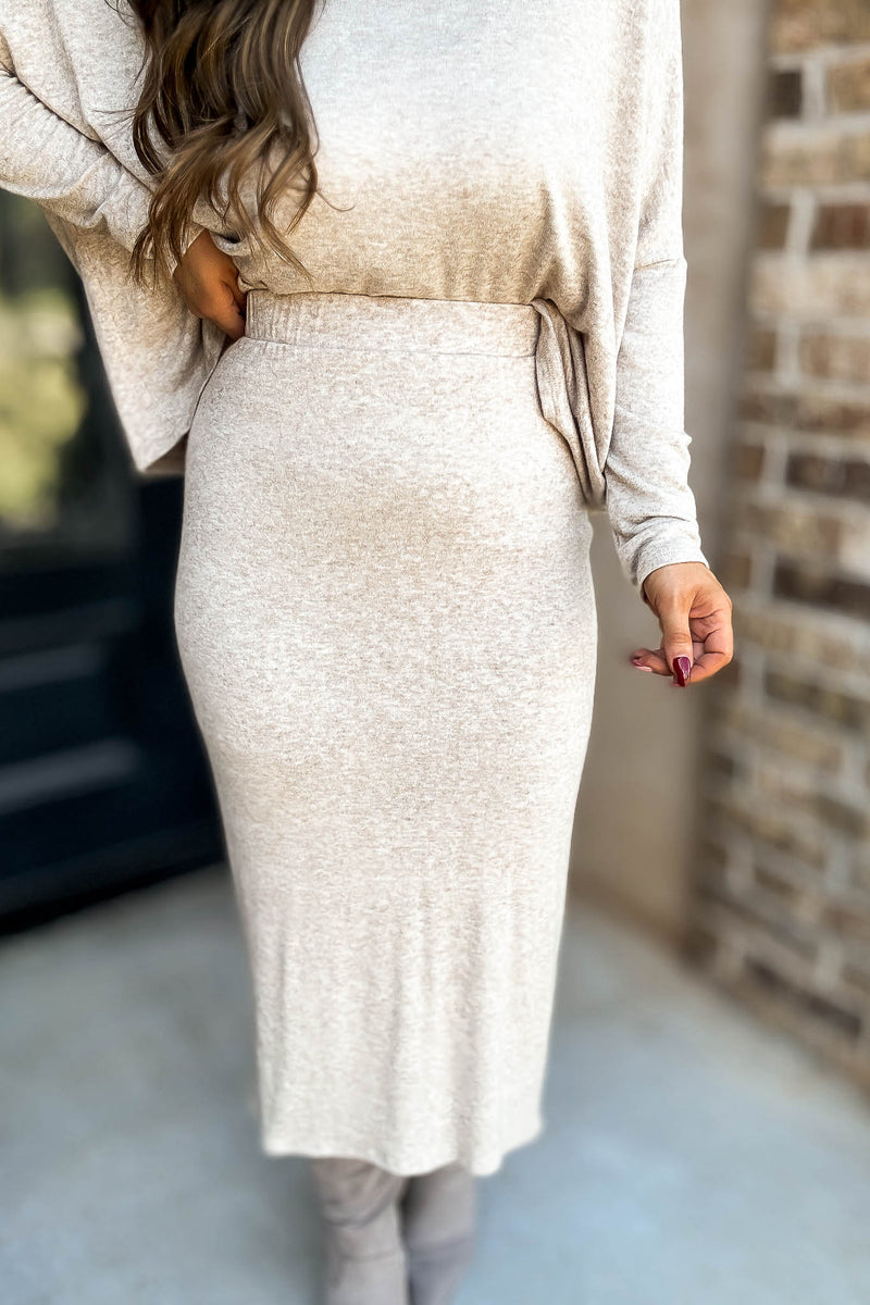 Beige Elastic Waist Sweater Skirt