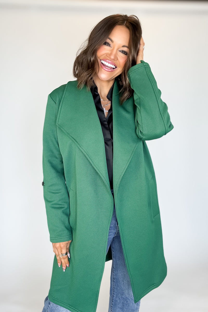Solid Green Roll Up Sleeve Open Draped Pockets Cardigan