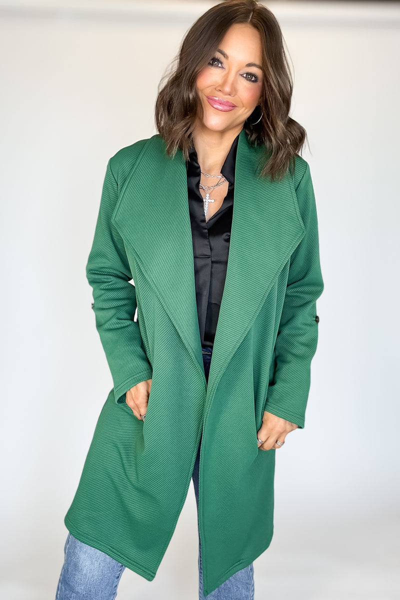 Solid Green Roll Up Sleeve Open Draped Pockets Cardigan