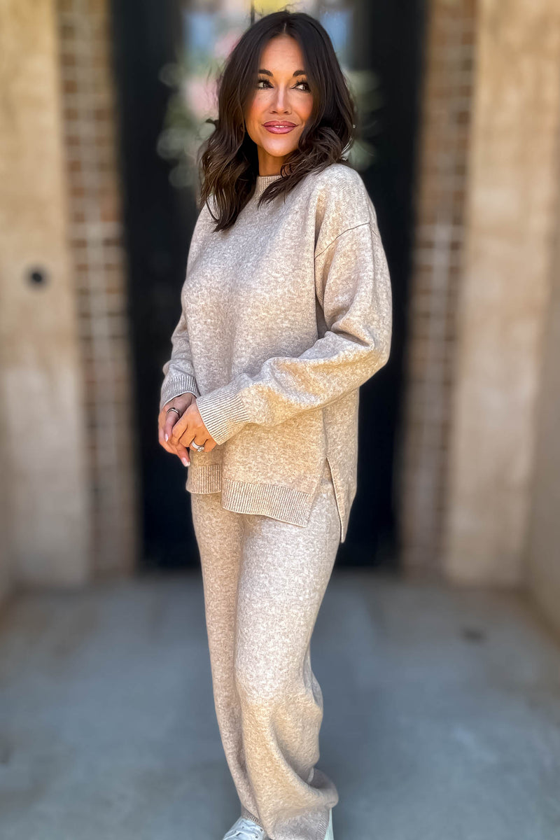 Mable Caught Up In The Moment Taupe Long Sleeve Crew Neck Knit Top