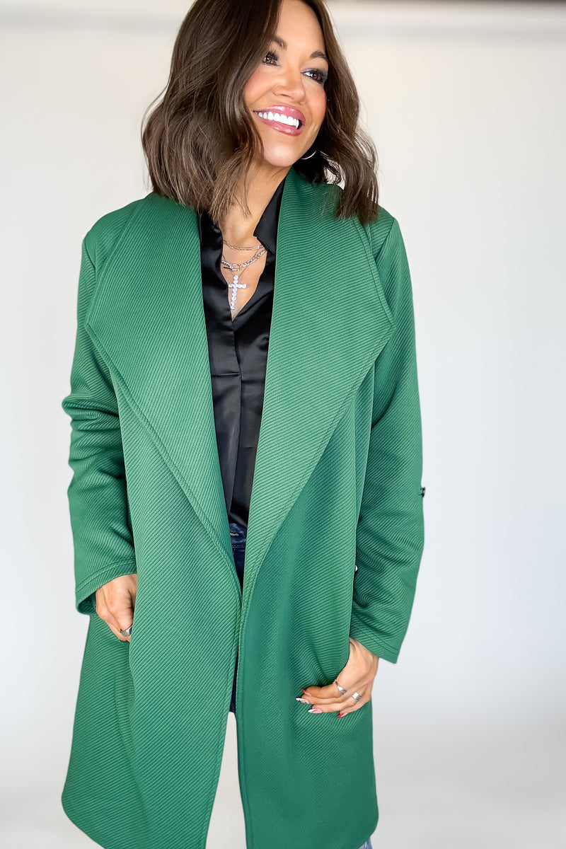 Solid Green Roll Up Sleeve Open Draped Pockets Cardigan