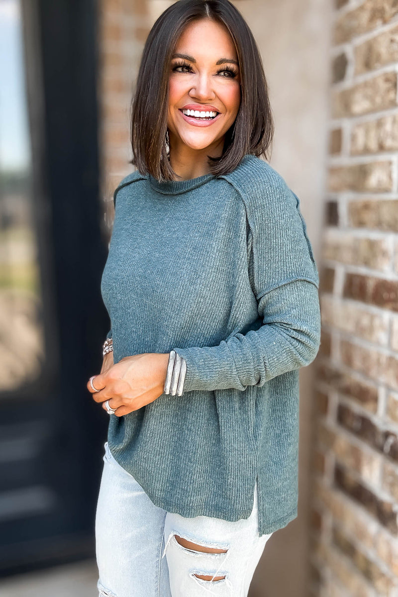 Brushed Ash Jade Ribbed Hacci Hi-Low Sweater Top