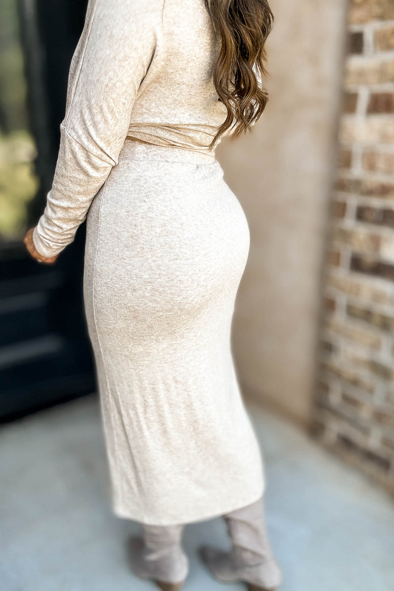 Beige Elastic Waist Sweater Skirt