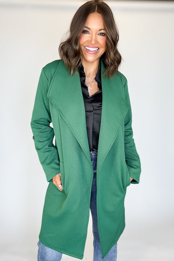 Solid Green Roll Up Sleeve Open Draped Pockets Cardigan