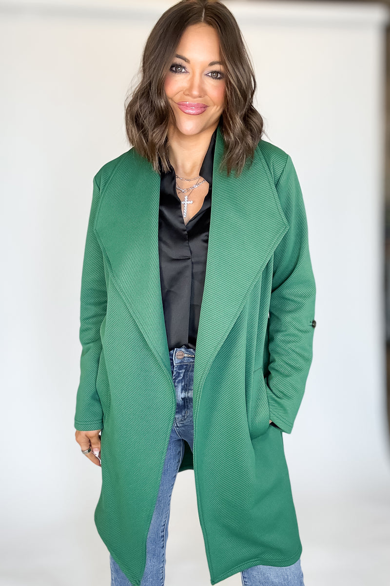 Solid Green Roll Up Sleeve Open Draped Pockets Cardigan