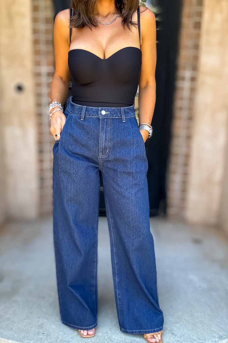 Mable Denim High Waist Pintuck Wide Leg Jean Pants