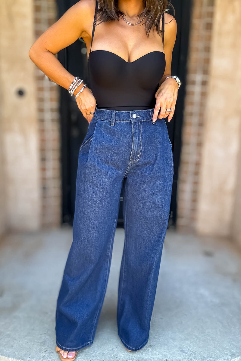Mable Denim High Waist Pintuck Wide Leg Jean Pants