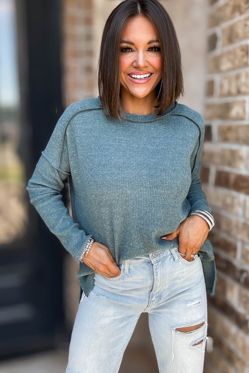 Brushed Ash Jade Ribbed Hacci Hi-Low Sweater Top