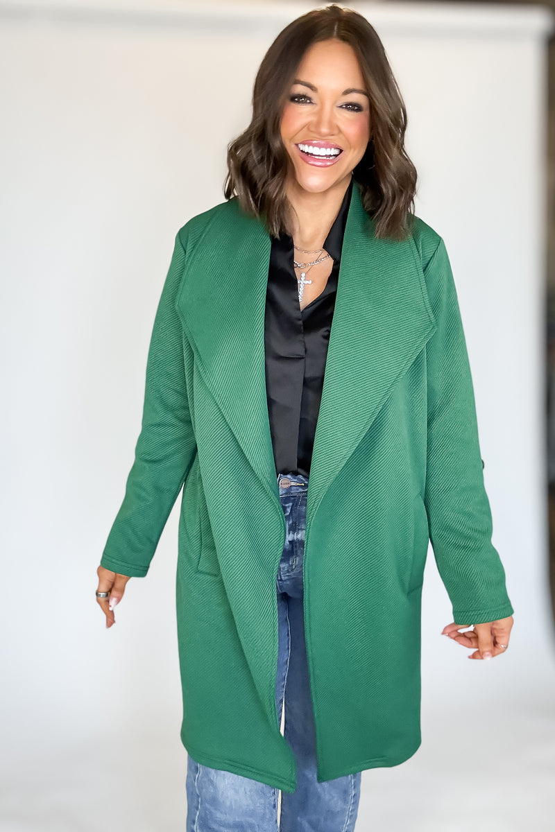 Solid Green Roll Up Sleeve Open Draped Pockets Cardigan