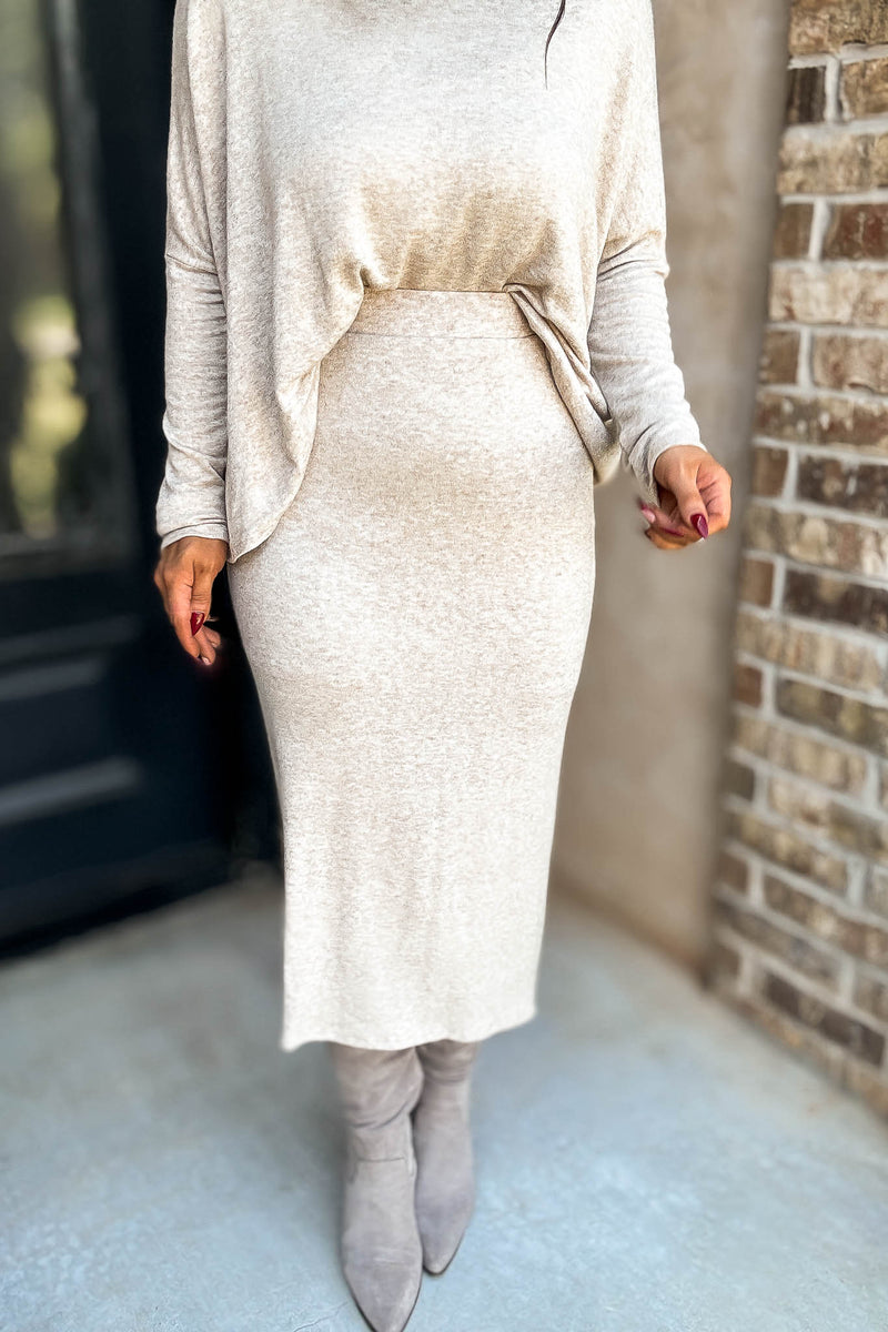 Beige Elastic Waist Sweater Skirt