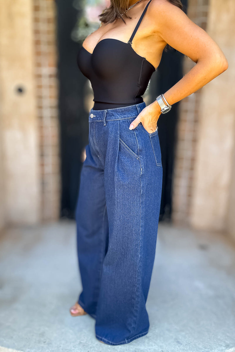 Mable Denim High Waist Pintuck Wide Leg Jean Pants