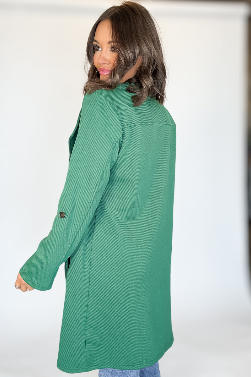 Solid Green Roll Up Sleeve Open Draped Pockets Cardigan