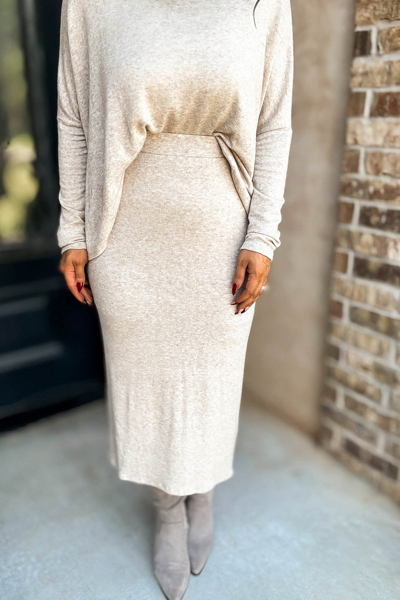 Beige Elastic Waist Sweater Skirt