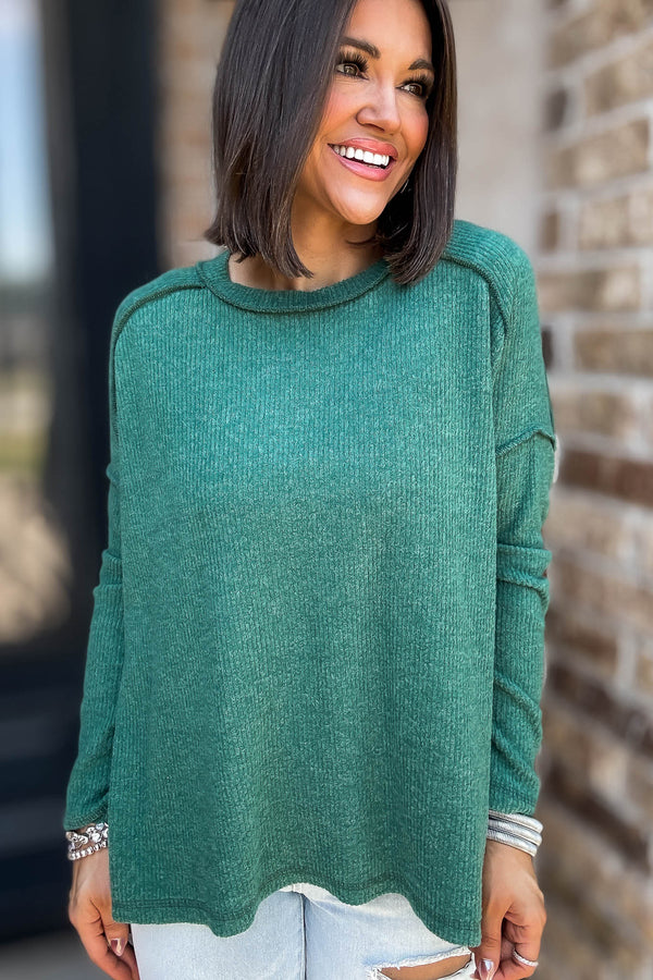 Brushed Dark Green Ribbed Hacci Hi-Low Sweater Top