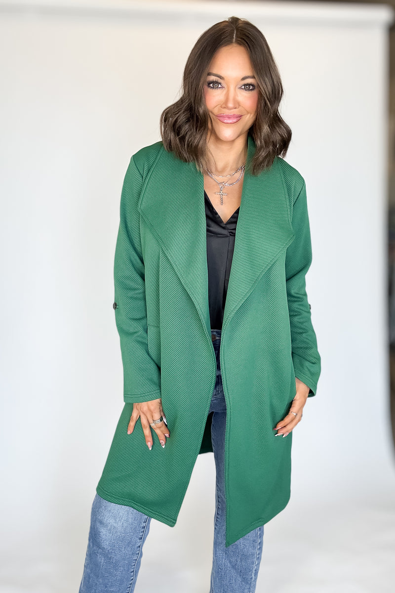 Solid Green Roll Up Sleeve Open Draped Pockets Cardigan