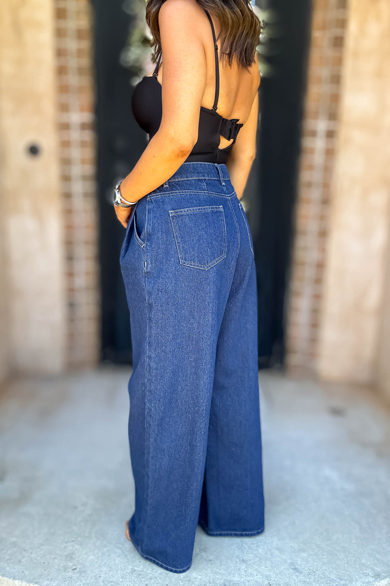 Mable Denim High Waist Pintuck Wide Leg Jean Pants