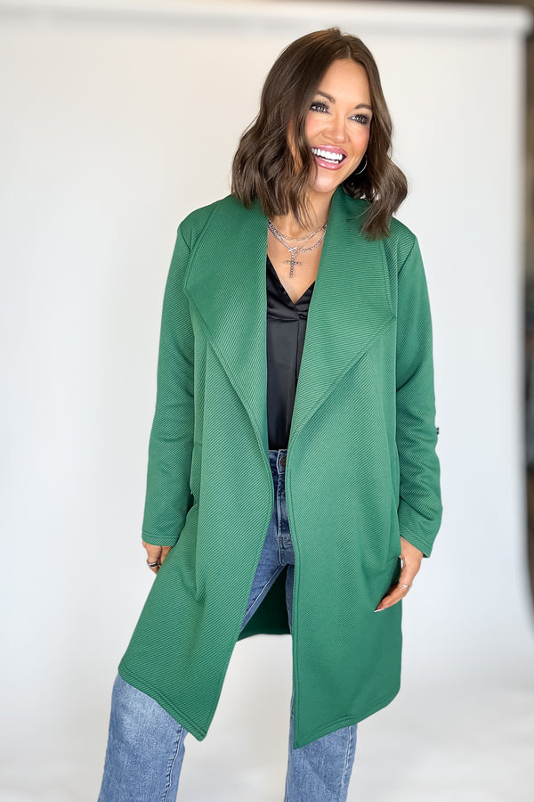 Solid Green Roll Up Sleeve Open Draped Pockets Cardigan