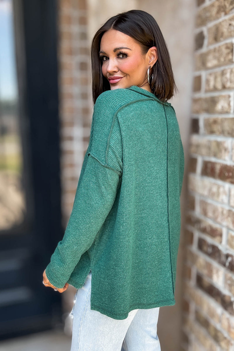 Brushed Dark Green Ribbed Hacci Hi-Low Sweater Top