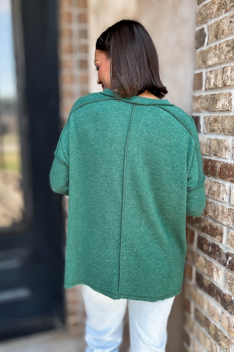 Brushed Dark Green Ribbed Hacci Hi-Low Sweater Top