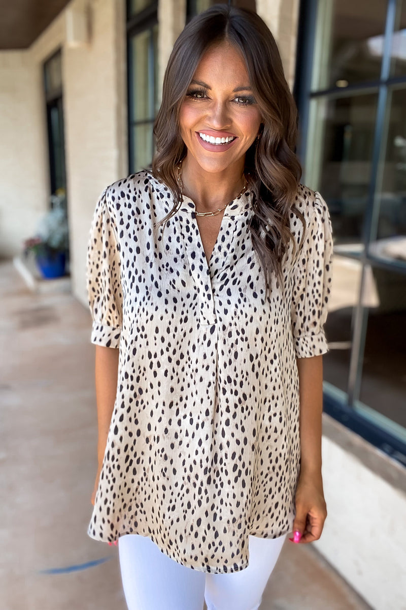 Cheetah Print Short Tucked Sleeves Top