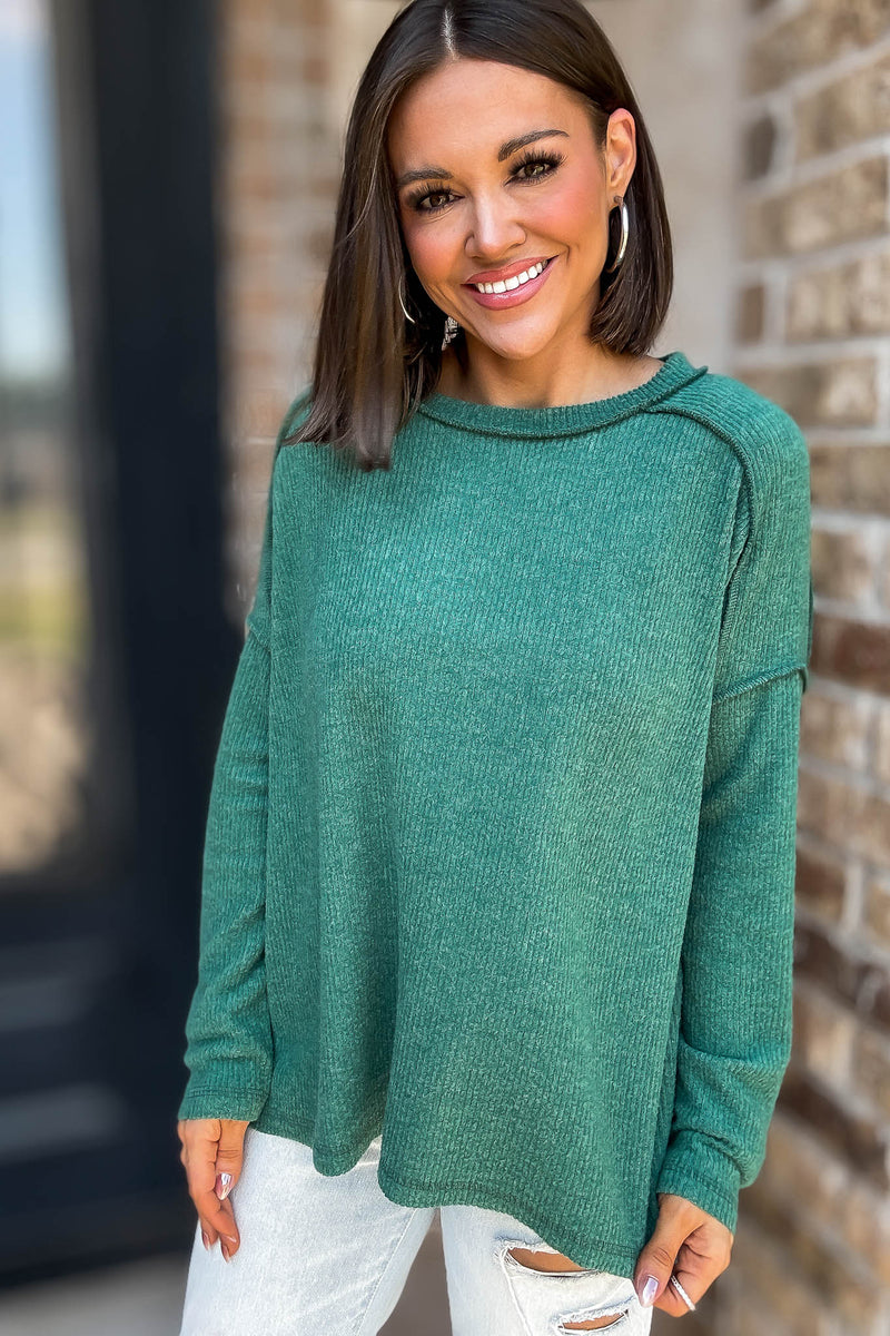 Brushed Dark Green Ribbed Hacci Hi-Low Sweater Top