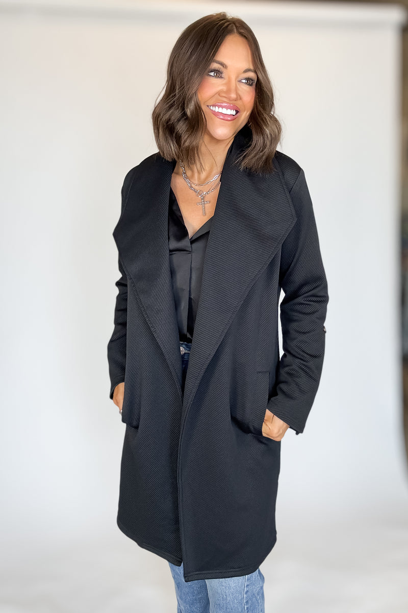 Solid Black Roll Up Sleeve Open Draped Pockets Cardigan